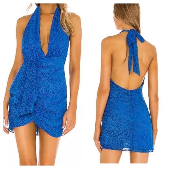 NEW NBD x Revolve Pari Mini Dress Blue Halter Flocked Animal Print Sz Small - Picture 1 of 12